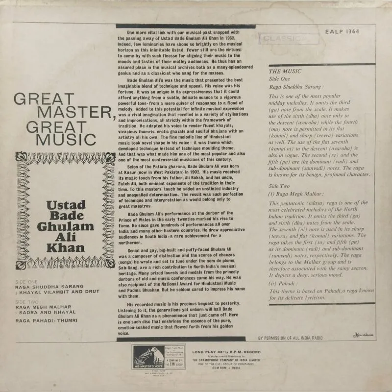 Bade Ghulam Ali Khan - EALP 1364 - (Condition85-90%) - Indian Classical Vocal LP Vinyl Record Bade Ghulam Ali Khan - EALP 1364 - (Condition85-90%) - Indian Classical Vocal LP Vinyl Record