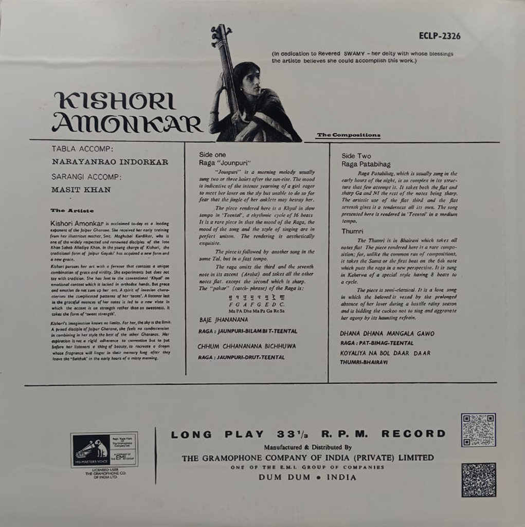 Kishori Amonkar - ECLP 2326 - HMV Black Label - Cover Reprinted - (Condition 90-95%) - Indian Classical Vocal LP Vinyl Record Kishori Amonkar - ECLP 2326 - HMV Black Label - Cover Reprinted - (Condition 90-95%) - Indian Classical Vocal LP Vinyl Record