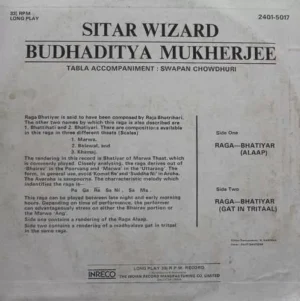 Budhaditya Mukherjee - Sitar Wizard - 2401 5017 - (Condition90-95%) - Indian Classical Instrumental LP Vinyl Record