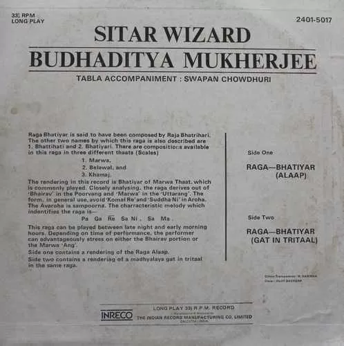 Budhaditya Mukherjee - Sitar Wizard - 2401 5017 - (Condition90-95%) - Indian Classical Instrumental LP Vinyl Record Budhaditya Mukherjee - Sitar Wizard - 2401 5017 - (Condition90-95%) - Indian Classical Instrumental LP Vinyl Record