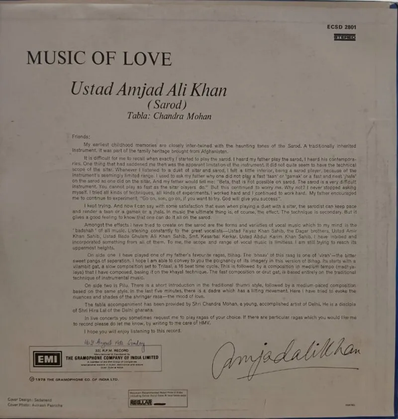 Amjad Ali Khan - Music Of Love - ECSD 2801 - (90-95%) - Indian Classical Instrumental LP Record Amjad Ali Khan - Music Of Love - ECSD 2801 - (90-95%) - Indian Classical Instrumental LP Record
