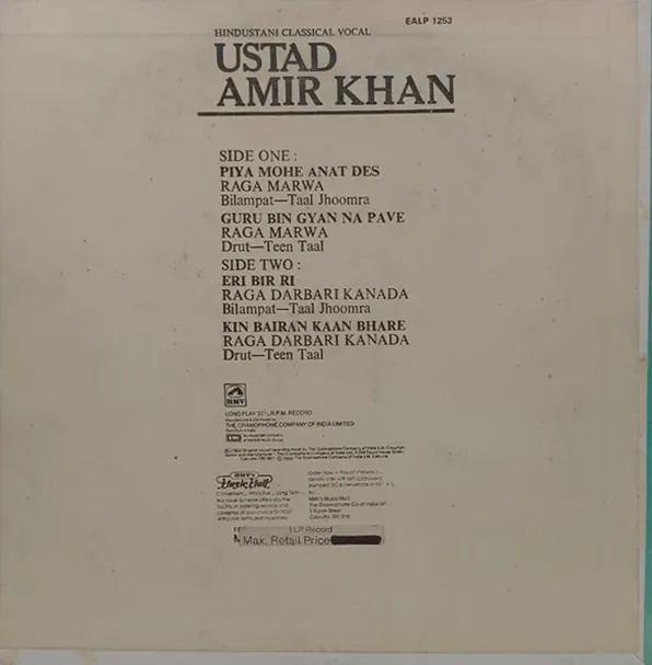 Amir Khan - EALP 1253 - Indian Classical Vocal LP Vinyl Record Amir Khan - EALP 1253 - Indian Classical Vocal LP Vinyl Record