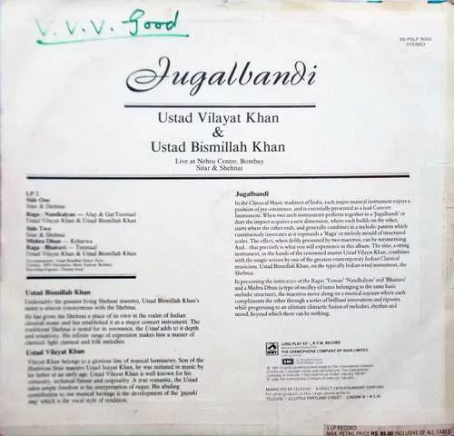 Vilayat Khan & Bismillah Khan – Jugalbandi – TS PSLP 3095 – Indian Classical Instrumental LP Vinyl Record Vilayat Khan & Bismillah Khan – Jugalbandi – TS PSLP 3095 – Indian Classical Instrumental LP Vinyl Record