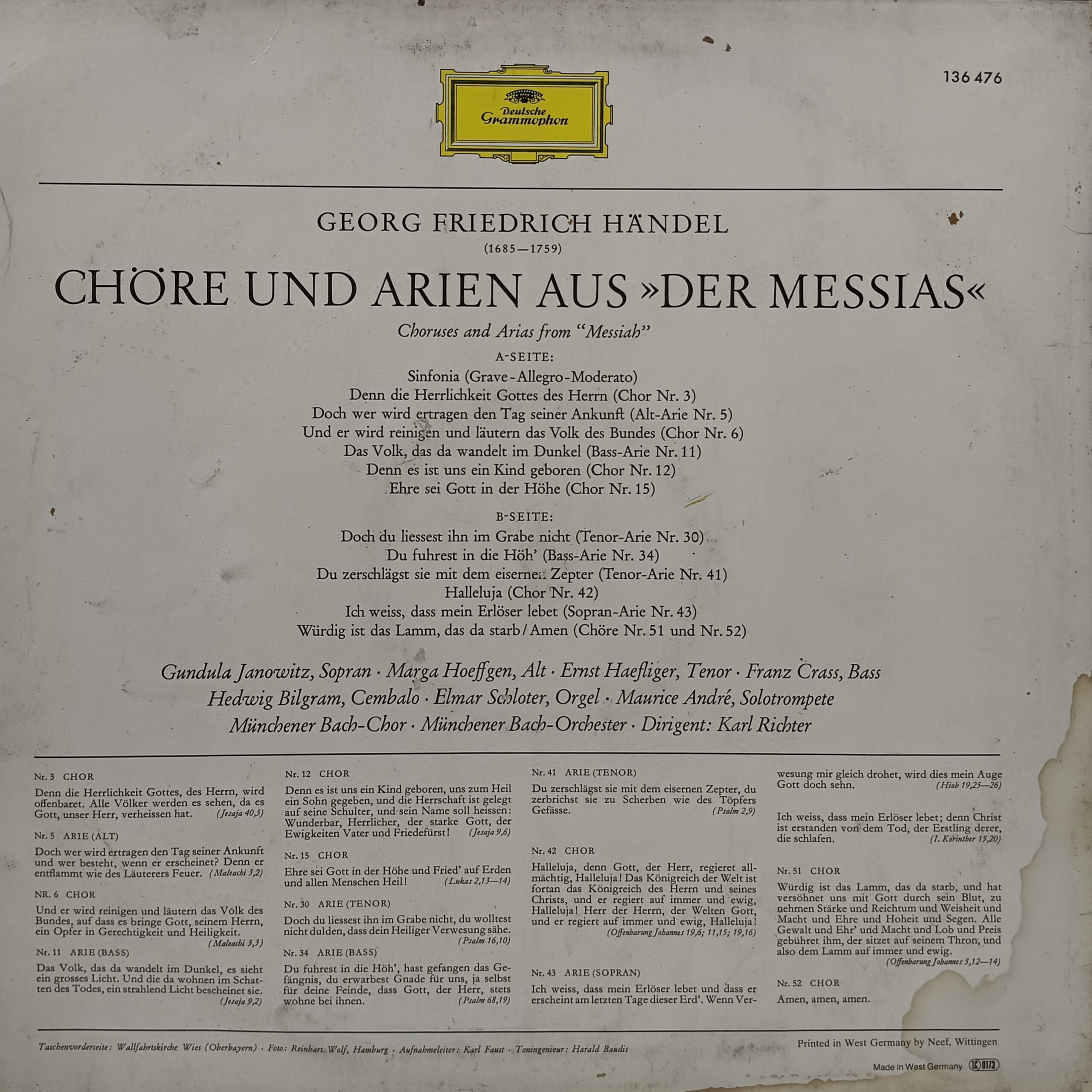 Georg Friedrich Handel - Der Messias - 136 476 - Western Classical LP Vinyl Record Georg Friedrich Handel - Der Messias - 136 476 - Western Classical LP Vinyl Record