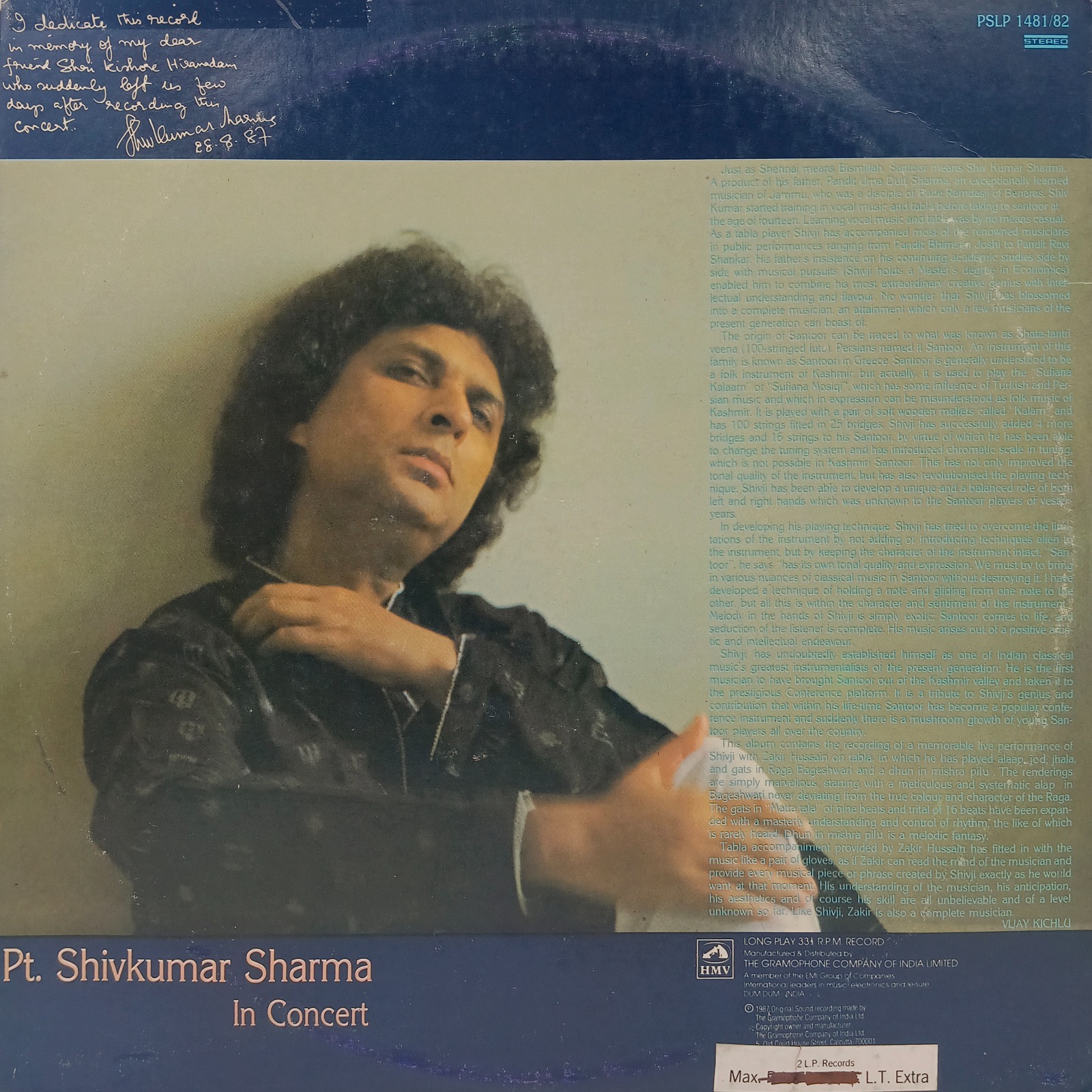 Shiv Kumar Sharma - In Concert - PSLP 1481 - 2LP Set - Indian Classical Instrumental LP Vinyl Record Shiv Kumar Sharma - In Concert - PSLP 1481 - 2LP Set - Indian Classical Instrumental LP Vinyl Record