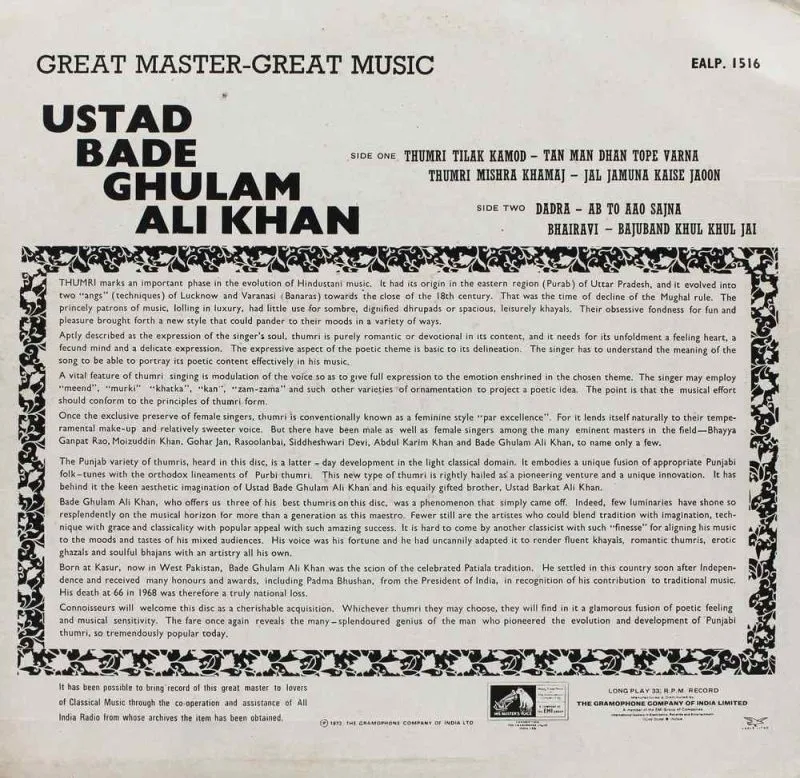 Bade Ghulam Ali - EALP 1516 - HCL - Indian Classical Vocal LP Vinyl Record Bade Ghulam Ali - EALP 1516 - HCL - Indian Classical Vocal LP Vinyl Record