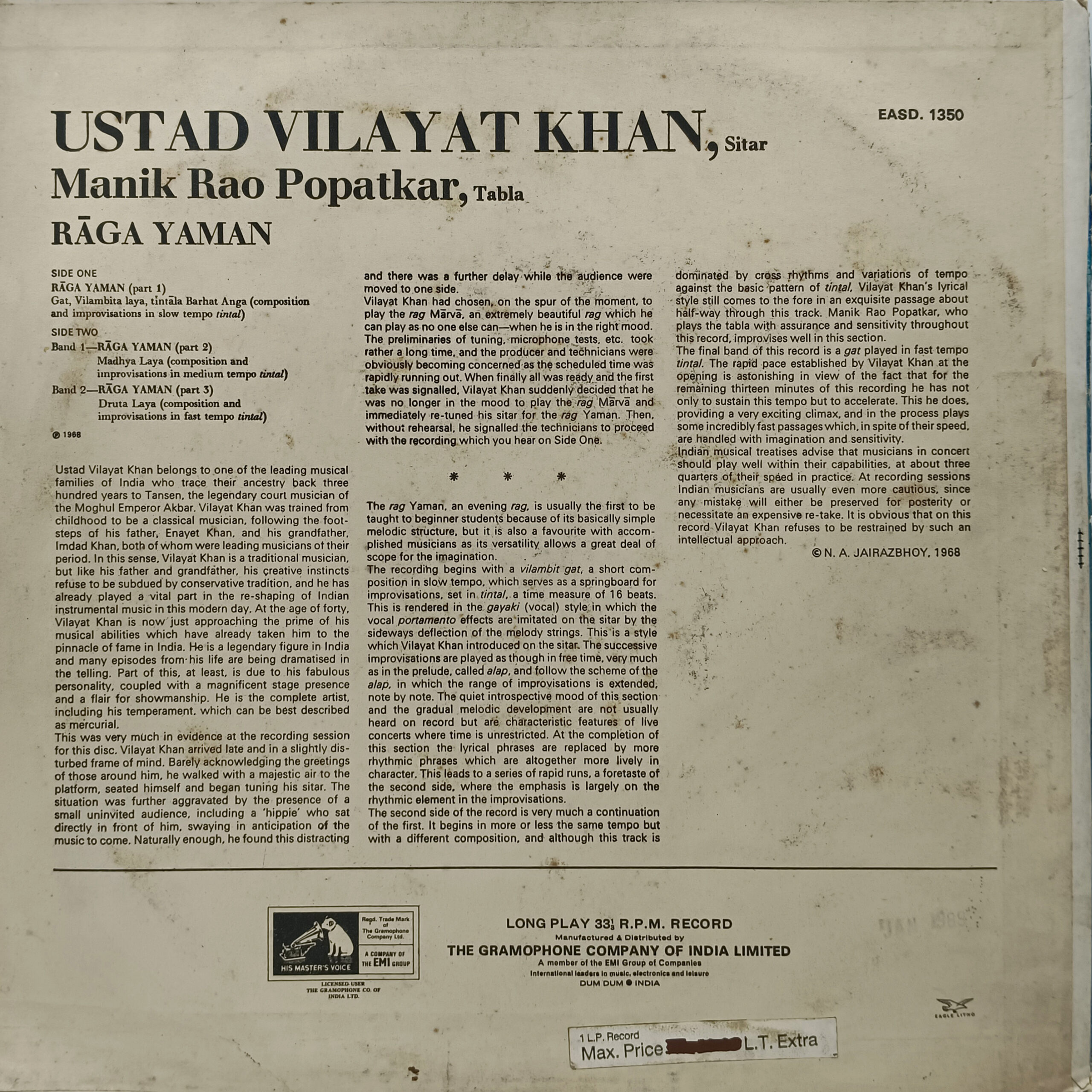 Vilayat Khan - EASD 1350 - (90-95%) - Indian Classical Instrumental LP Vinyl Record Vilayat Khan - EASD 1350 - (90-95%) - Indian Classical Instrumental LP Vinyl Record