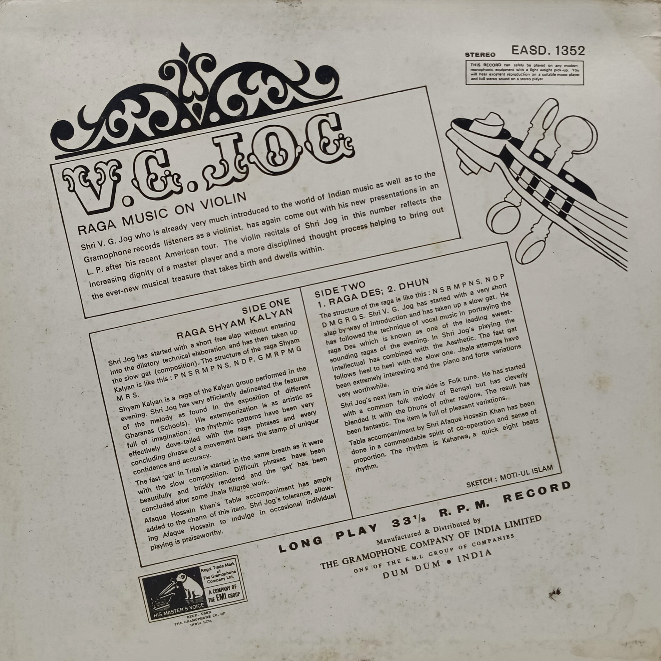 V.G. JOG - EASD 1352 - HRL - Indian Classical Instrumental LP Vinyl V.G. JOG - EASD 1352 - HRL - Indian Classical Instrumental LP Vinyl