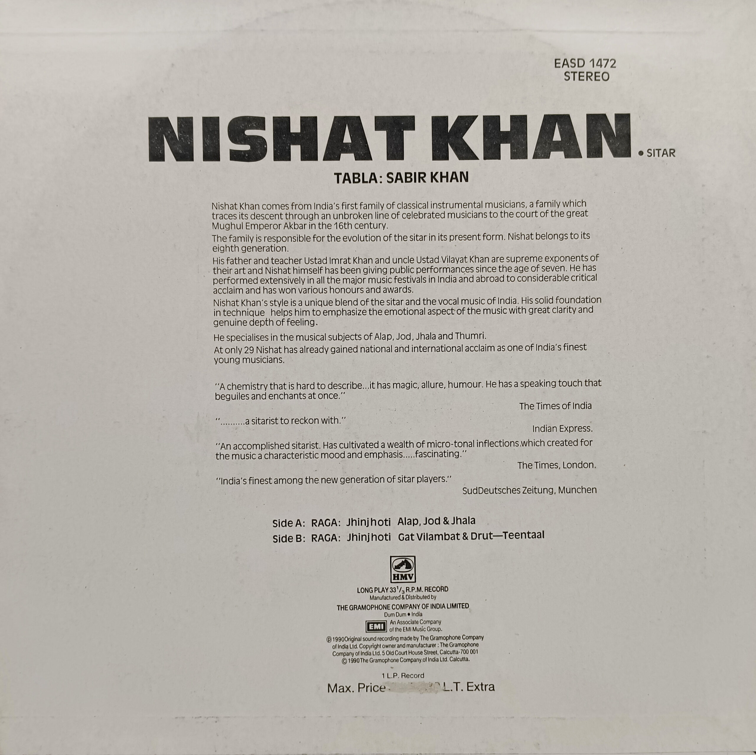 Nishant Khan - EASD 1472 - Indian Classical Instrumental LP Vinyl Record Nishant Khan - EASD 1472 - Indian Classical Instrumental LP Vinyl Record