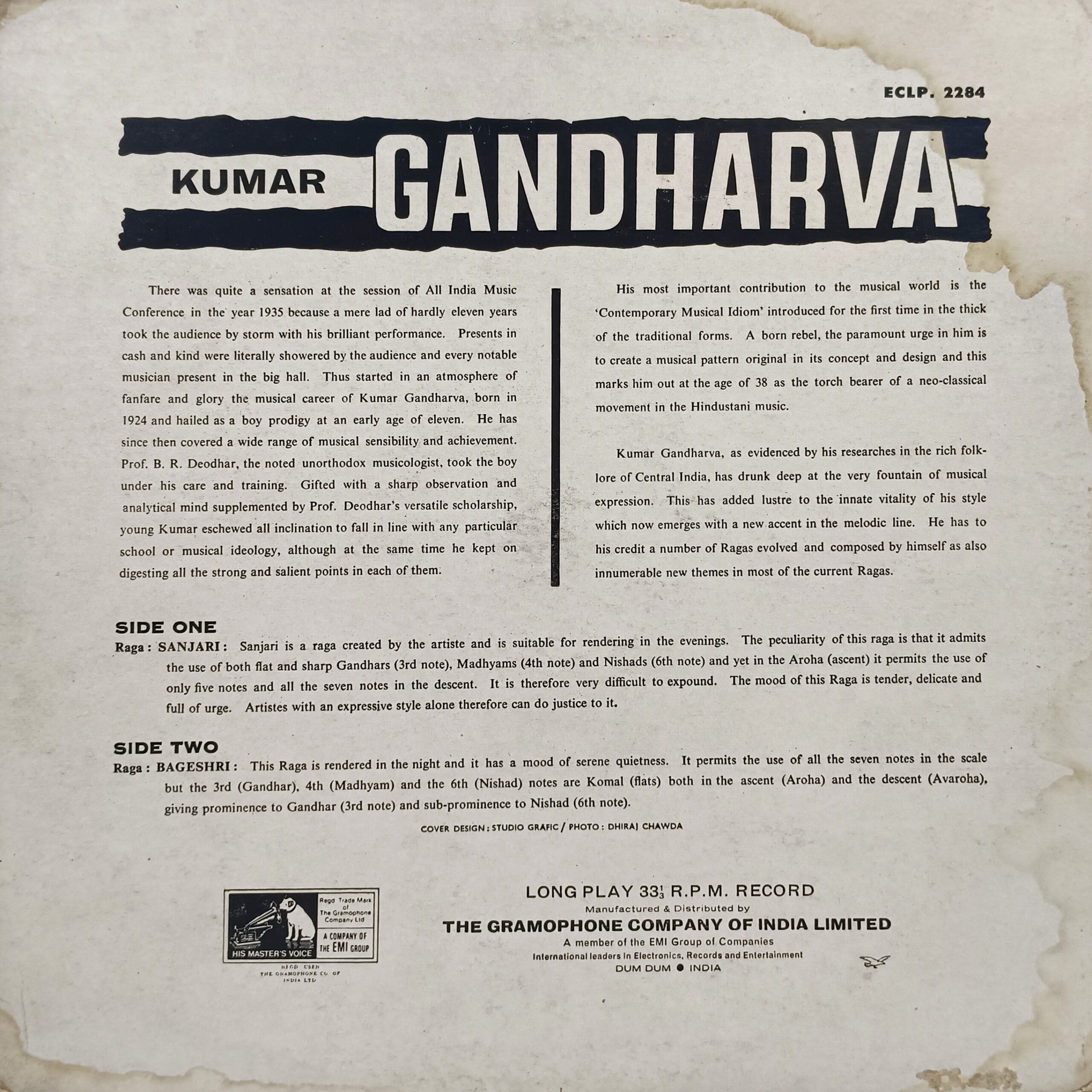Kumar Gandharva - ECLP 2284 – (85-90%) - HMV Black Label - Indian Classical Vocal LP Record Kumar Gandharva - ECLP 2284 – (85-90%) - HMV Black Label - Indian Classical Vocal LP Record