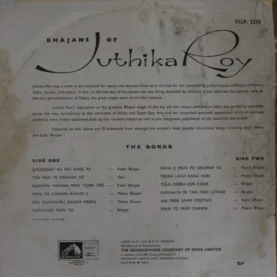Juthika Roy - Bhajan Of - ECLP 2278 - HBL - Devotional LP Vinyl Record Juthika Roy - Bhajan Of - ECLP 2278 - HBL - Devotional LP Vinyl Record