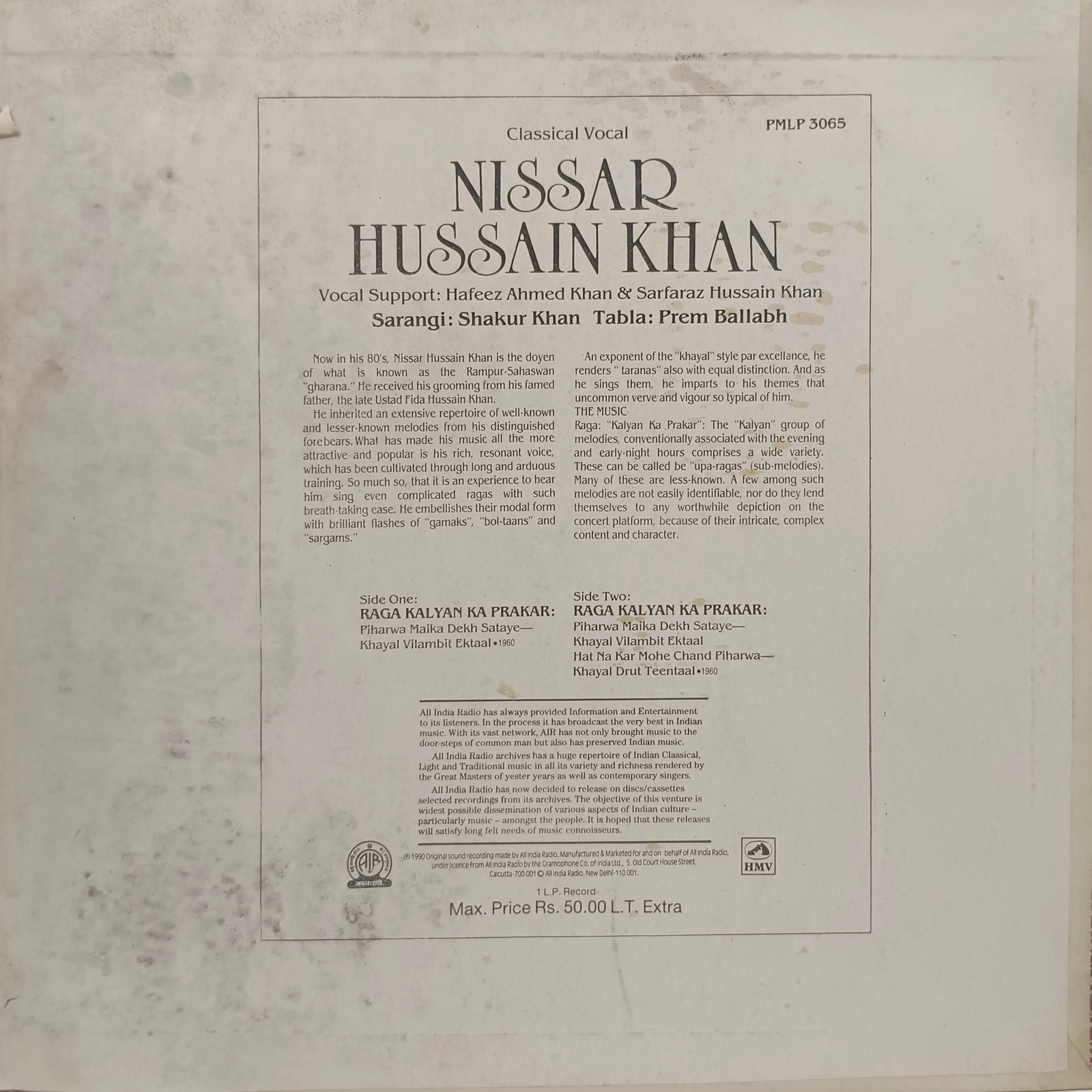 Nisar Hussain Khan - PMLP 3065 - (90-95%) - Indian Classical Vocal LP Vinyl Record Nisar Hussain Khan - PMLP 3065 - (90-95%) - Indian Classical Vocal LP Vinyl Record
