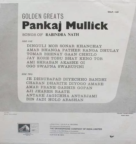 Pankaj Mullick - Golden Greats - EALP 1349 - HRL - (90-95%) - Bengali LP Vinyl Record Pankaj Mullick - Golden Greats - EALP 1349 - HRL - (90-95%) - Bengali LP Vinyl Record