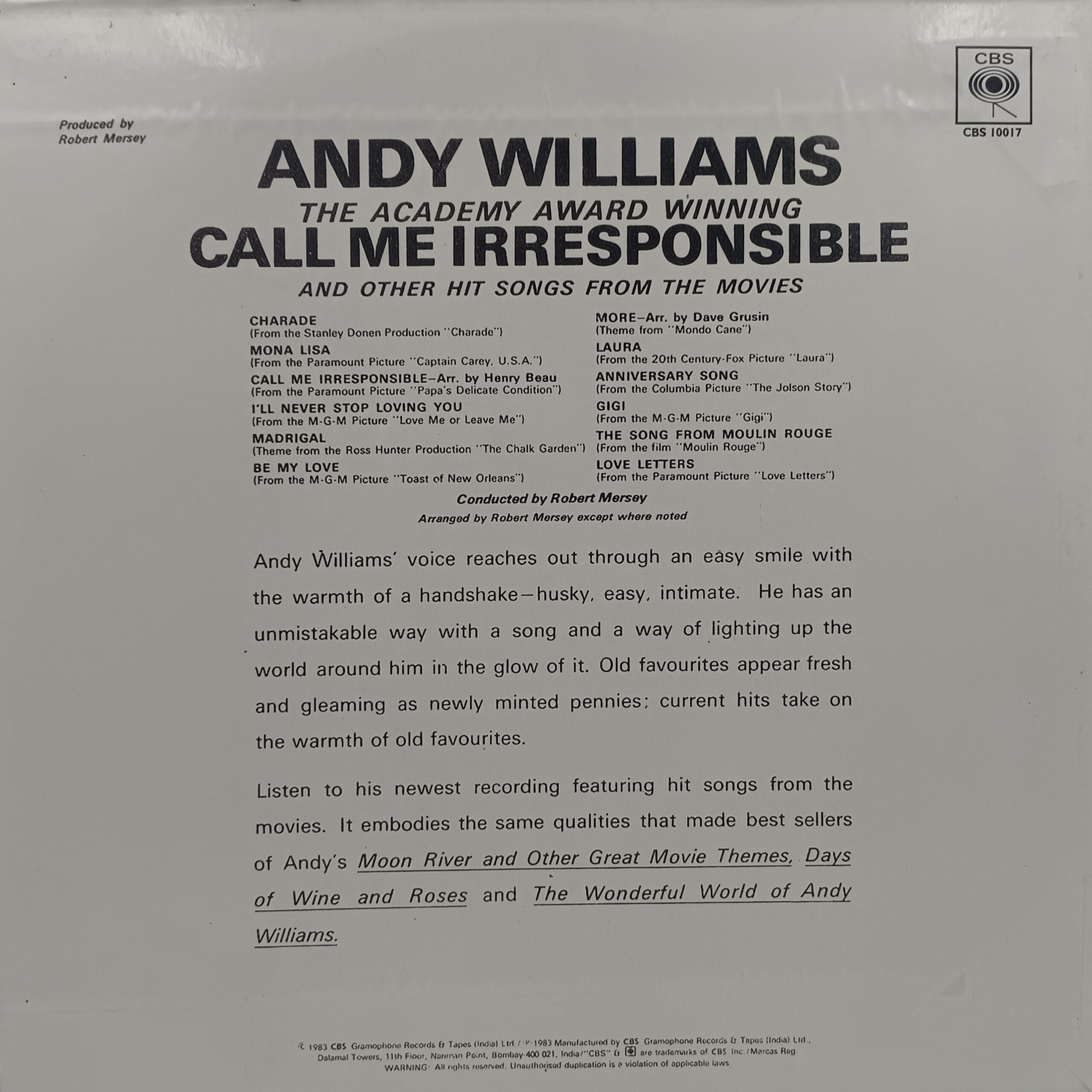 Andy Williams - The Academy Award-Winning "Call Me Irresponsible" - CBS 10017 - CR - LP Record Andy Williams - The Academy Award-Winning "Call Me Irresponsible" - CBS 10017 - CR - LP Record