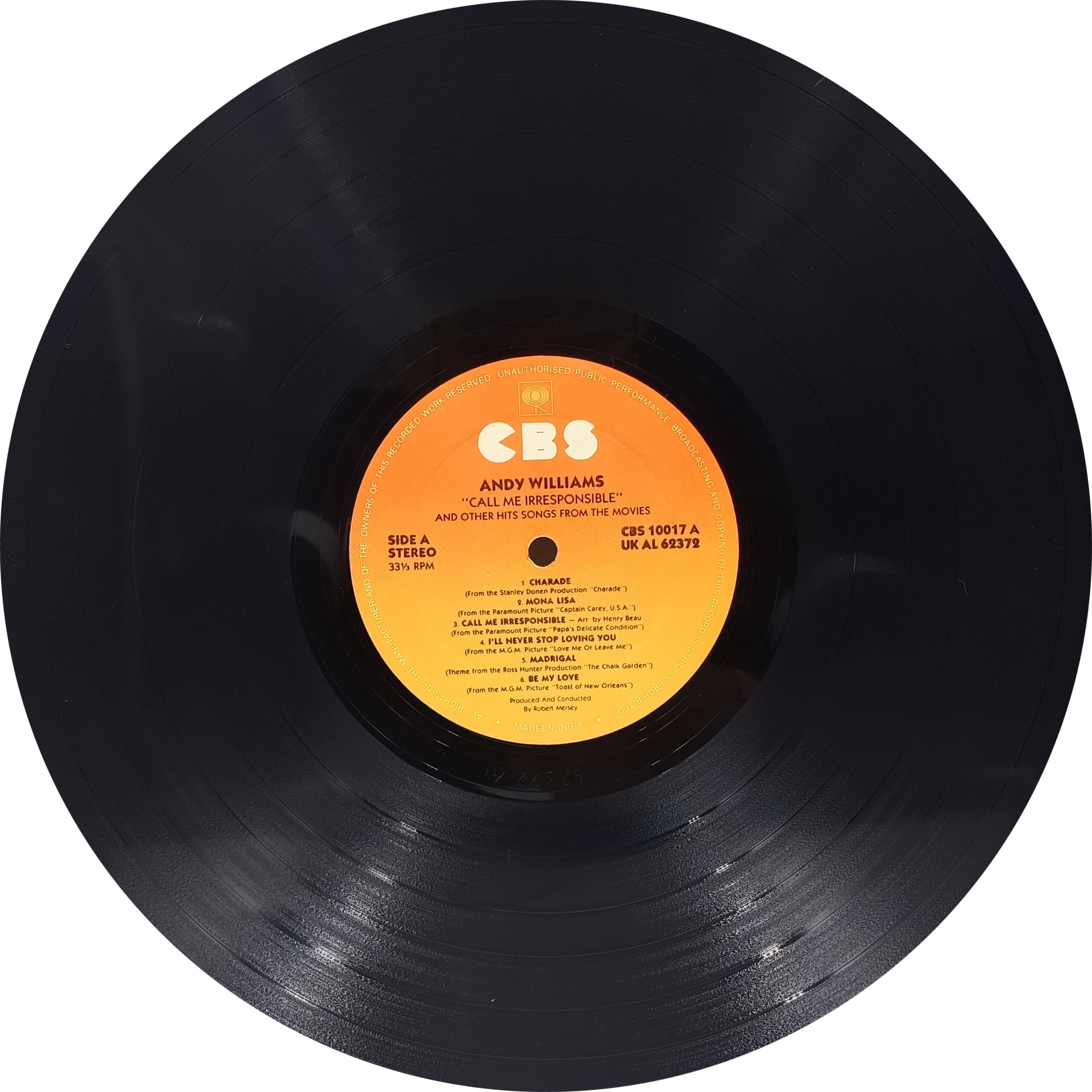 Andy Williams - The Academy Award-Winning "Call Me Irresponsible" - CBS 10017 - CR - LP Record Andy Williams - The Academy Award-Winning "Call Me Irresponsible" - CBS 10017 - CR - LP Record