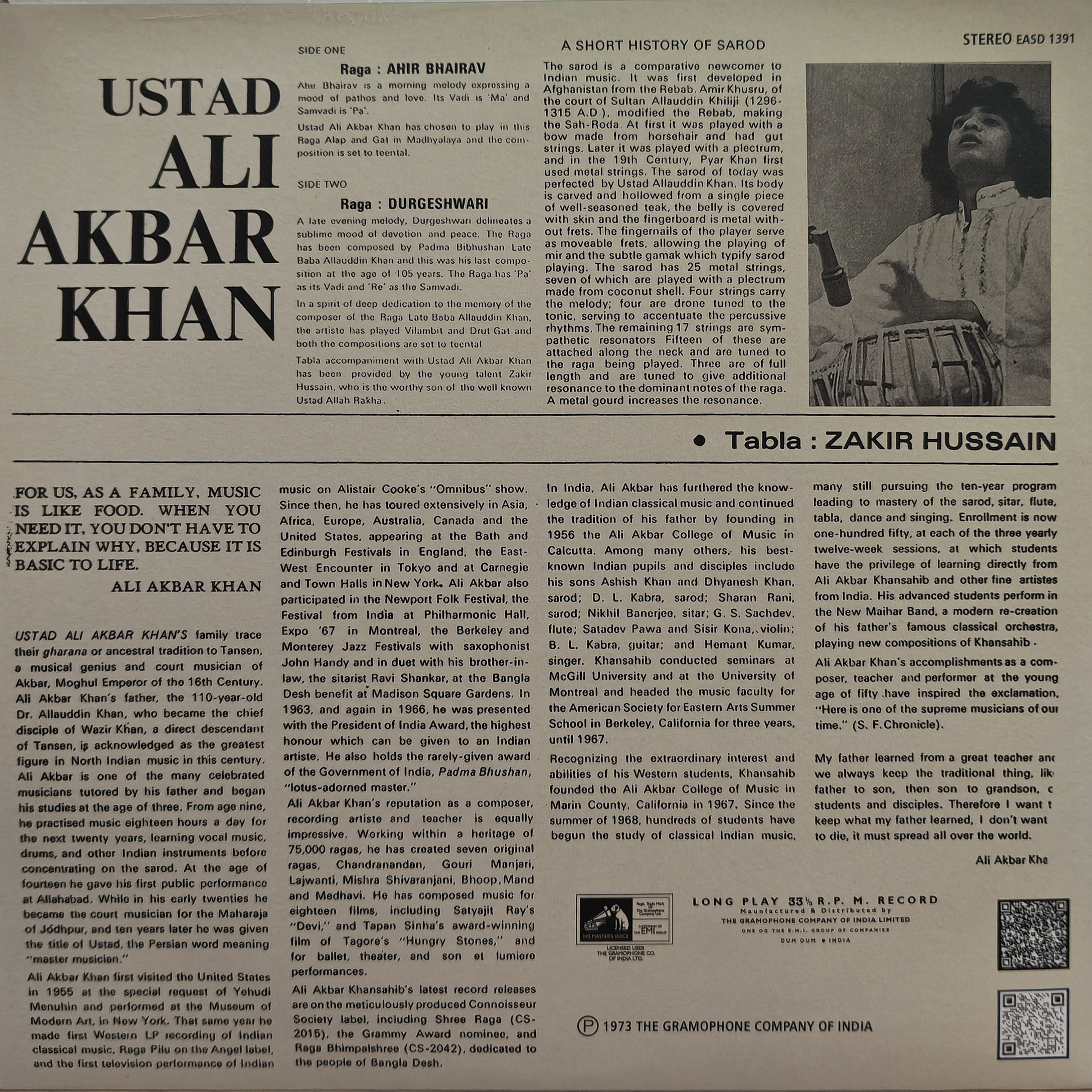 Ali Akbar Khan - EASD 1391 - HCL - CR - Indian Classical Instrumental LP Vinyl Record Ali Akbar Khan - EASD 1391 - HCL - CR - Indian Classical Instrumental LP Vinyl Record