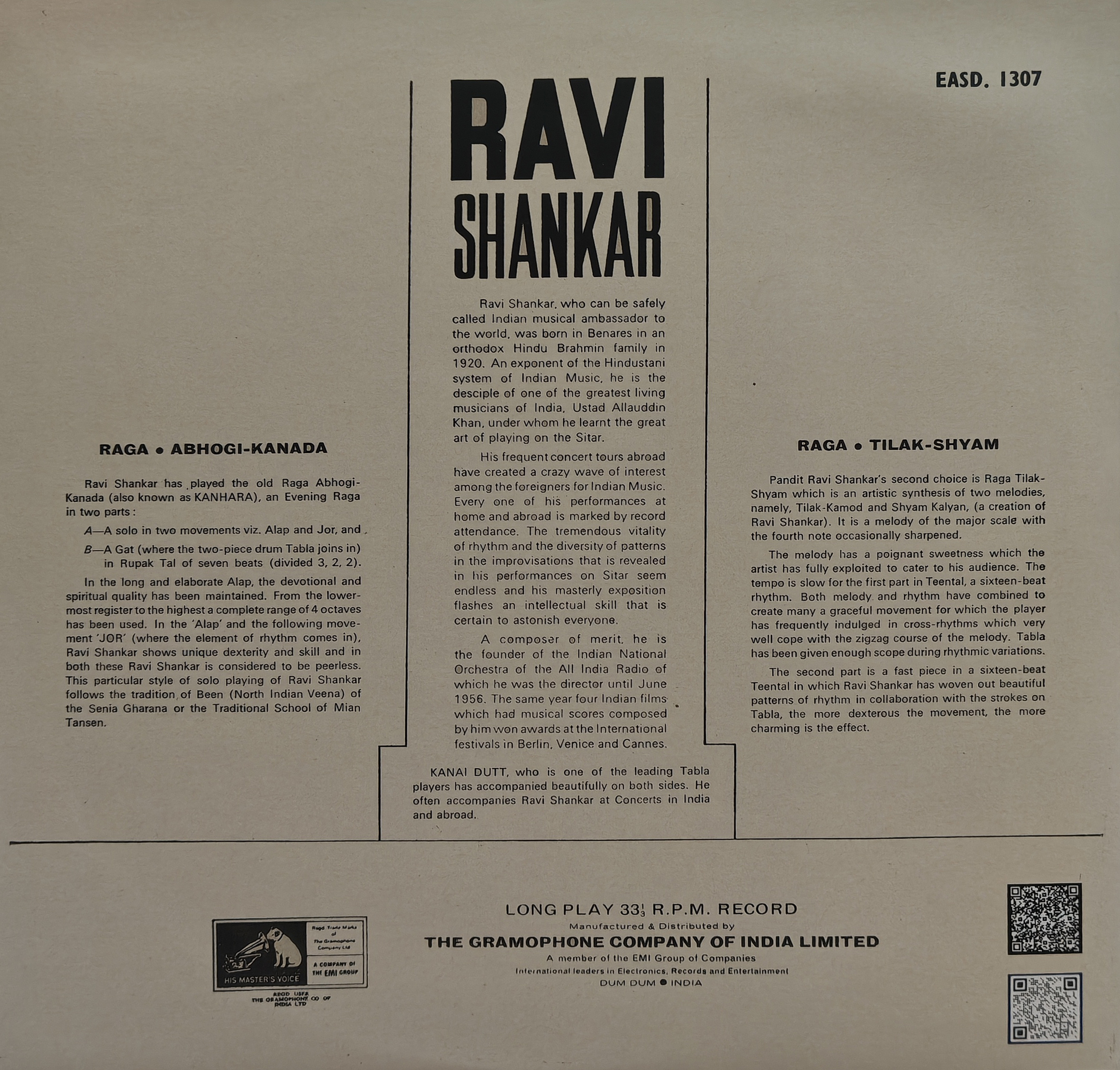Ravi Shankar - EASD 1307 - HRL - CR - (90-95%) - Indian Classical Instrumental LP Vinyl Record Ravi Shankar - EASD 1307 - HRL - CR - (90-95%) - Indian Classical Instrumental LP Vinyl Record