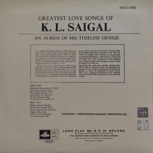 K. L. Saigal - Greatest Love Songs Of - 3AEX 5069 - (90-95%) - CR - Angel - Film Hits LP Vinyl