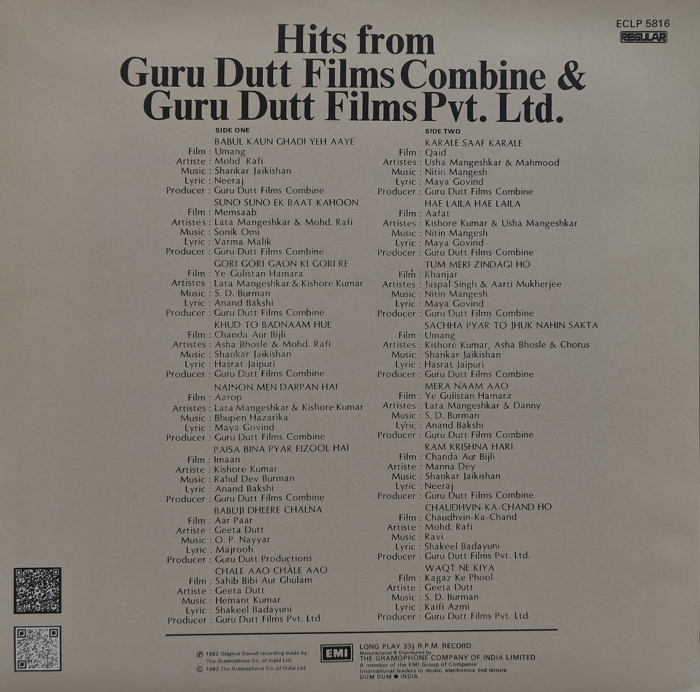 Hits From Guru Dutt Films - ECLP 5816 - CR - (90-95%) - Film Hits LP Vinyl Record Hits From Guru Dutt Films - ECLP 5816 - CR - (90-95%) - Film Hits LP Vinyl Record