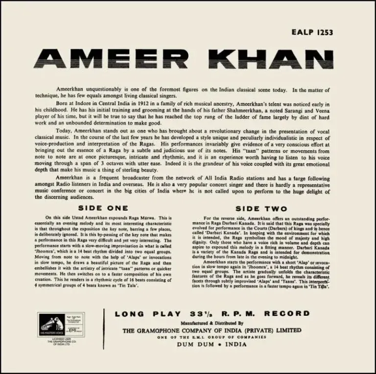 Amir Khan - EALP 1253 - (85-90%) - Cover Reprinted - Indian Classical Vocal LP Vinyl Amir Khan - EALP 1253 - (85-90%) - Cover Reprinted - Indian Classical Vocal LP Vinyl