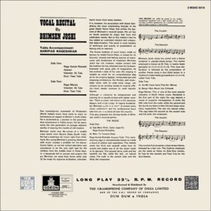 Bhimsen Joshi - Vocal Recital - SMOAE 5010 - Cover Reprinted - Indian Classical Vocal LP Vinyl