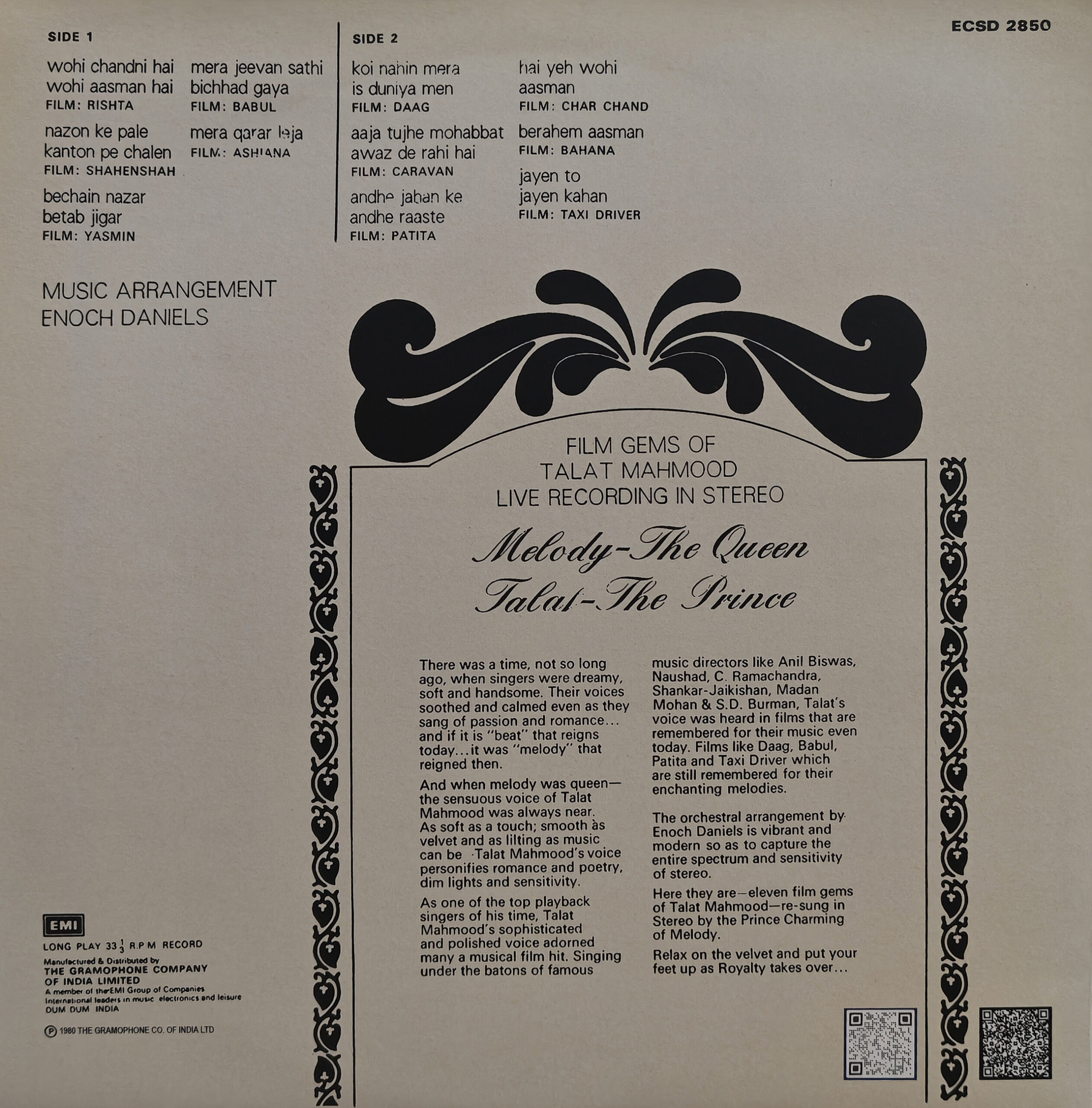 Talat Mahmood - The Prince - ECSD 2850 - (90-95%) - CR - Film Hits LP Vinyl Talat Mahmood - The Prince - ECSD 2850 - (90-95%) - CR - Film Hits LP Vinyl