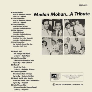 Madan Mohan - A Tribute - EALP 4079 - (Condition 90-95%) - Cover Reprinted - LP Record
