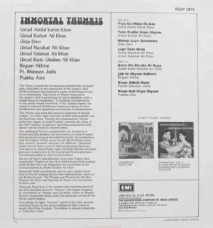 Immortal Thumris - ECLP 2811 - Cover Reprinted - (90-95%) - Indian Classical Vocal LP Record